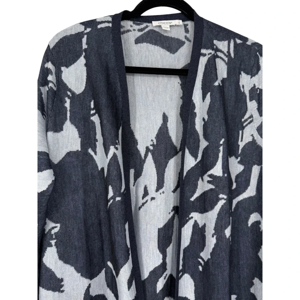 Chicos Women's Jacquard Floral Longline Open Front Cardigan Duster Size Medium
